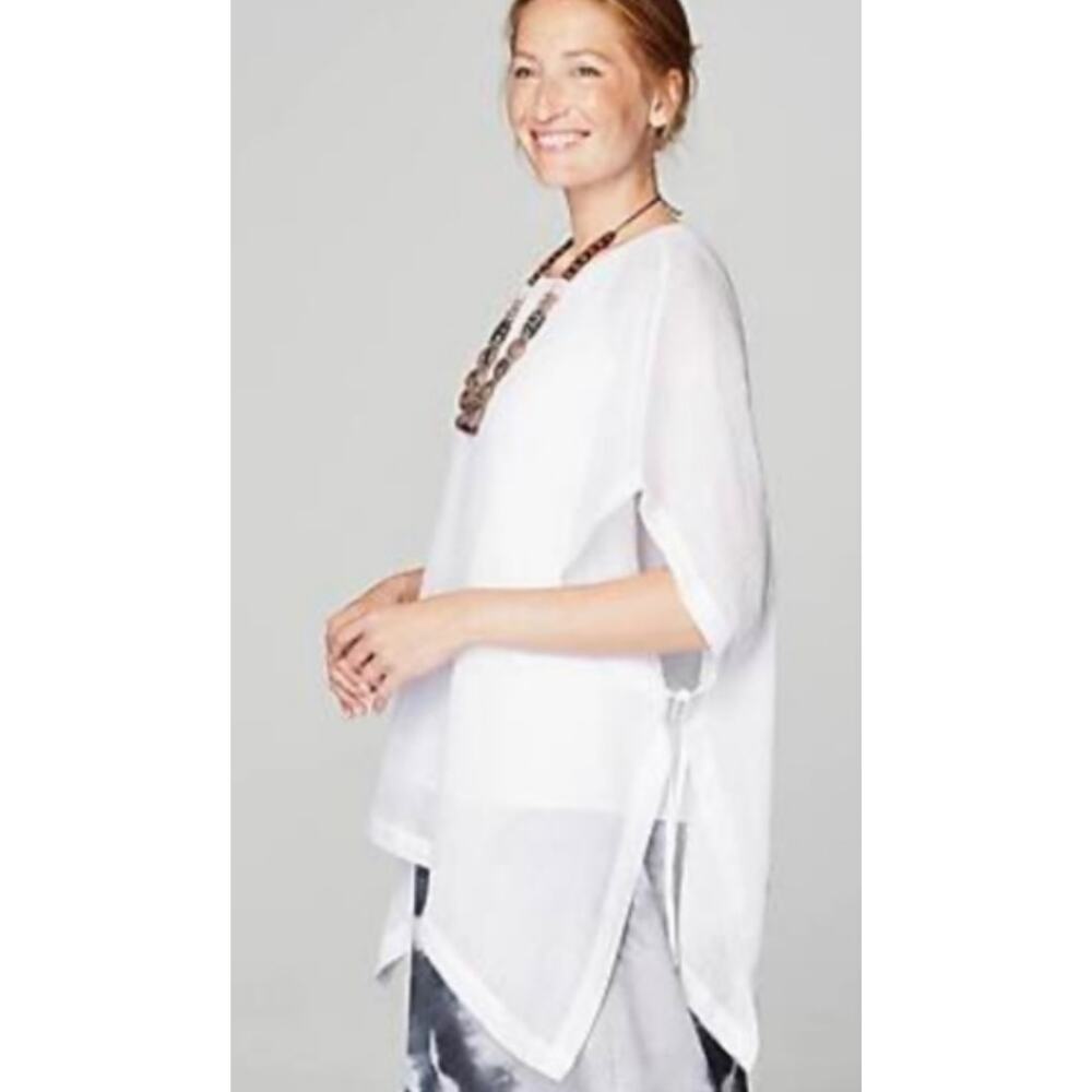 J Jill Women's Linen Side-Tie Poncho Tunic Top M/L White Boxy Cover Up